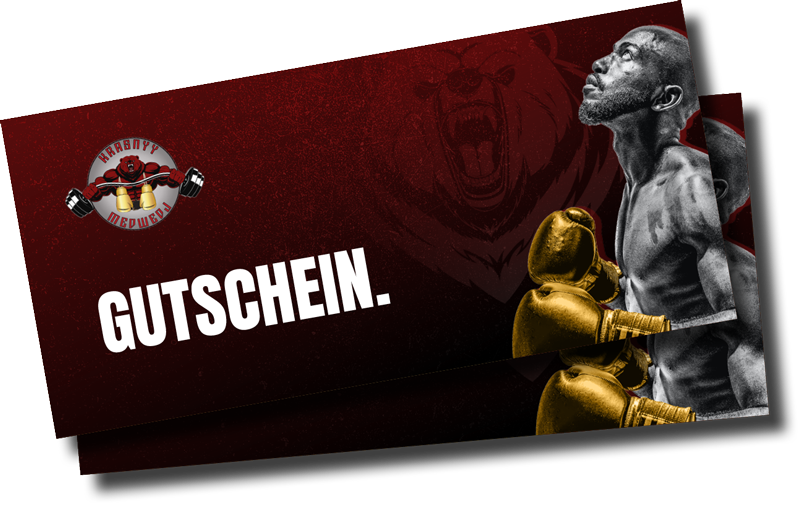 Bild von 2 Gutscheinen für ein Training bei Krasnyy Medwedj mit Logo, Text und Boxer drauf